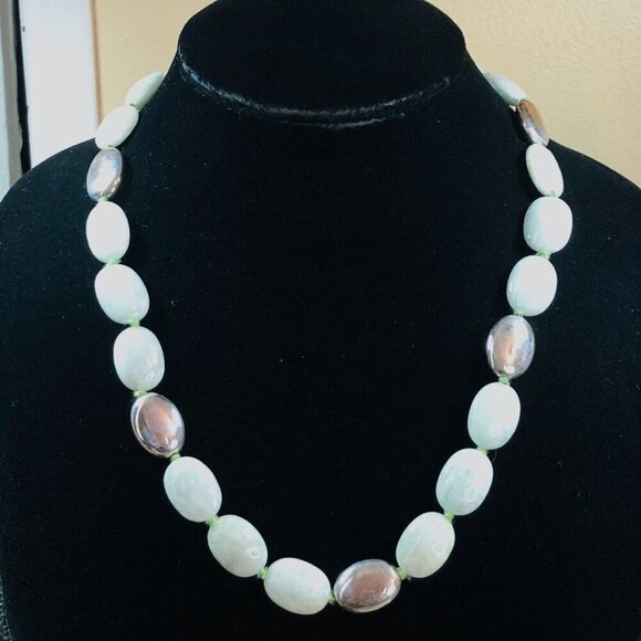 Designer BSJ Womens Necklace Green Jade Sterling Silver Nugget Bead - Picture 2 of 3